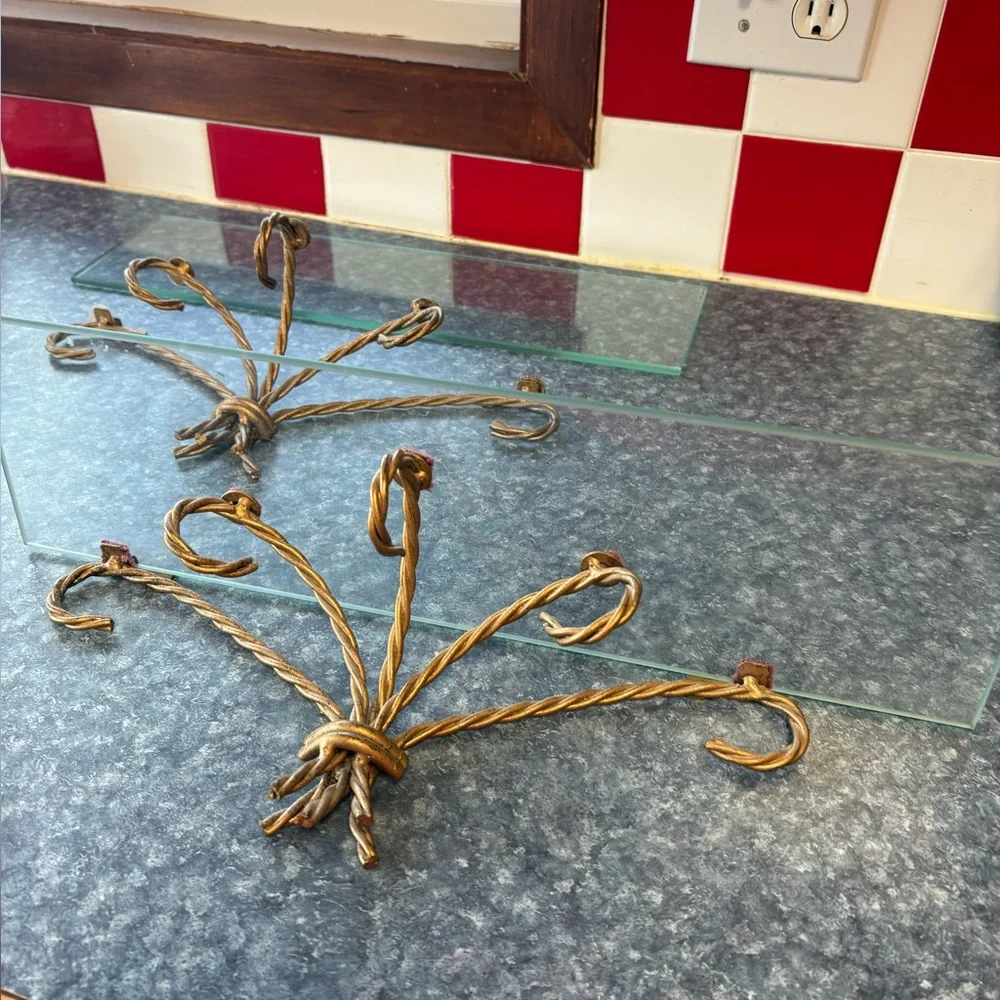 Vintage Ornate Twisted Metal Glass Wall Shelves - Pair in Gold Finish